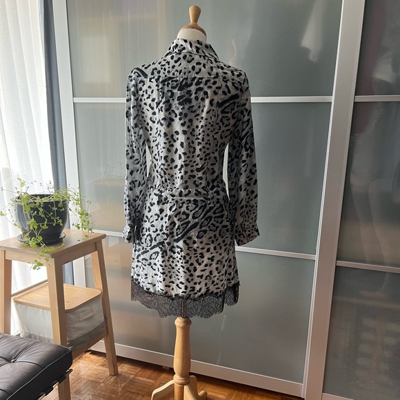 Long Sleeve Silk Snow Leopard Print Dress with Buttoned Top & Eyelash Lace Trim - Picture 5 of 13